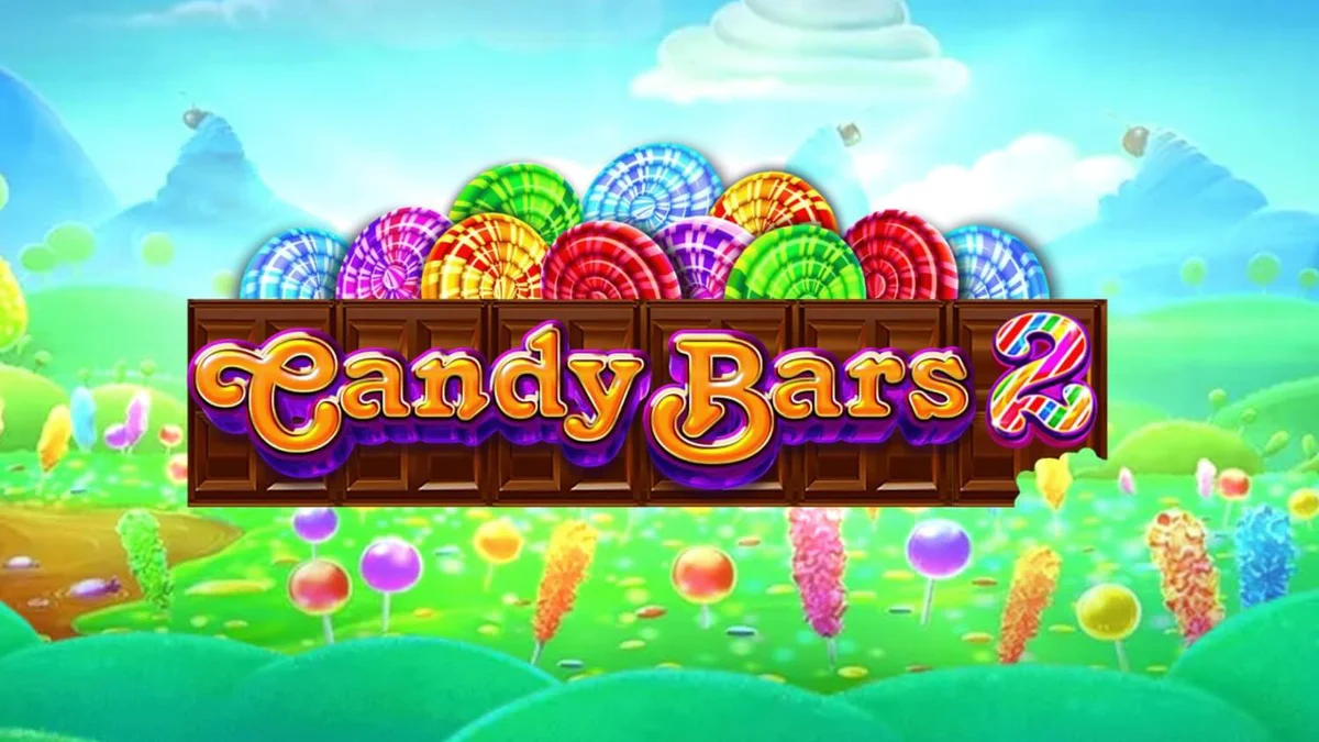 Interface colorida e vibrante do jogo de slot Candy Bars 2 com tema de fábrica de doces