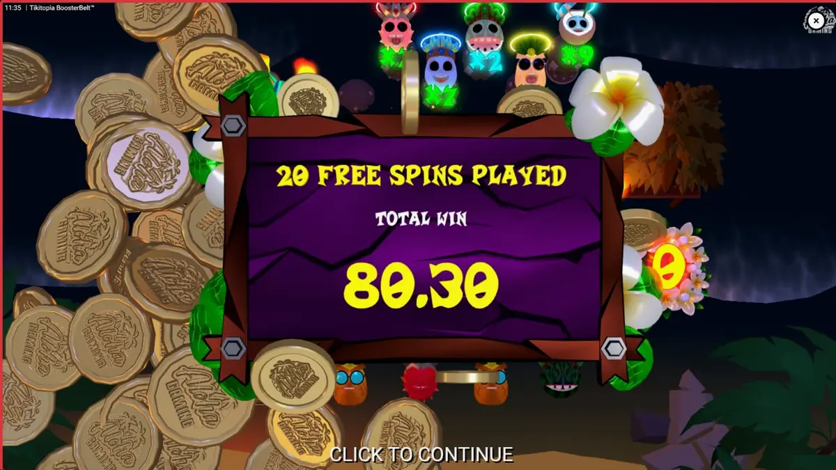 Interface vibrante e tropical do jogo Tikitopia BoosterBelt com o totem Big'Um Tiki.