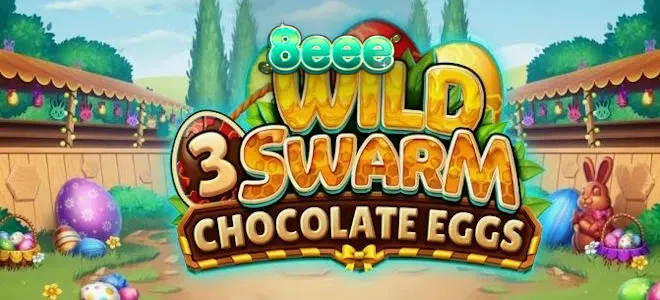 Interface colorida e festiva do jogo Wild Swarm 3 Chocolate Eggs com elementos de colmeia e ovos de chocolate.